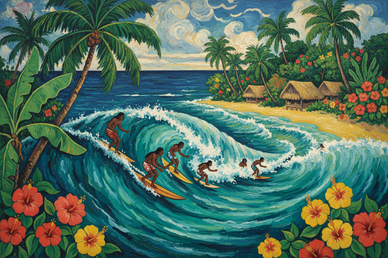 Surf à Tahiti — Style Gauguin — Collection Ohmygourd
